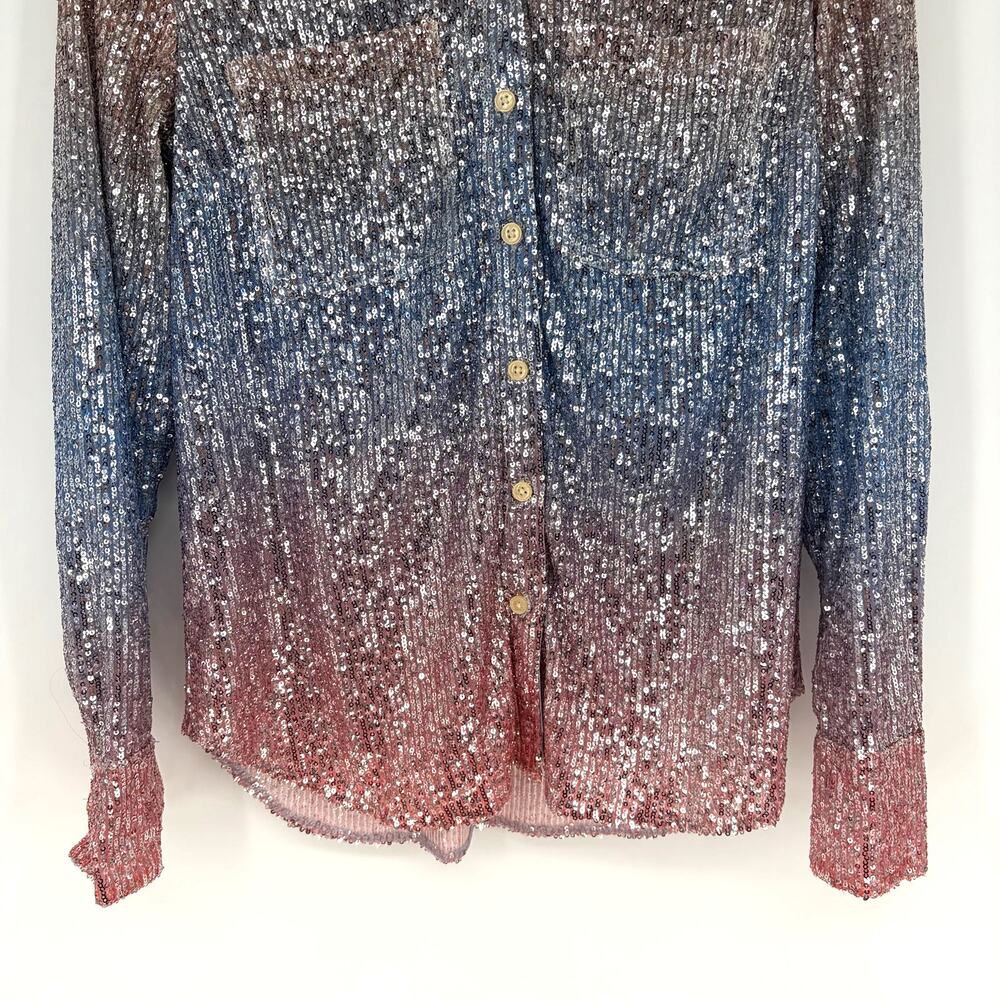 Anthropologie Ombre Sequin Button Down Blouse Pink Silver Mesh Top NWT S - Picture 9 of 13